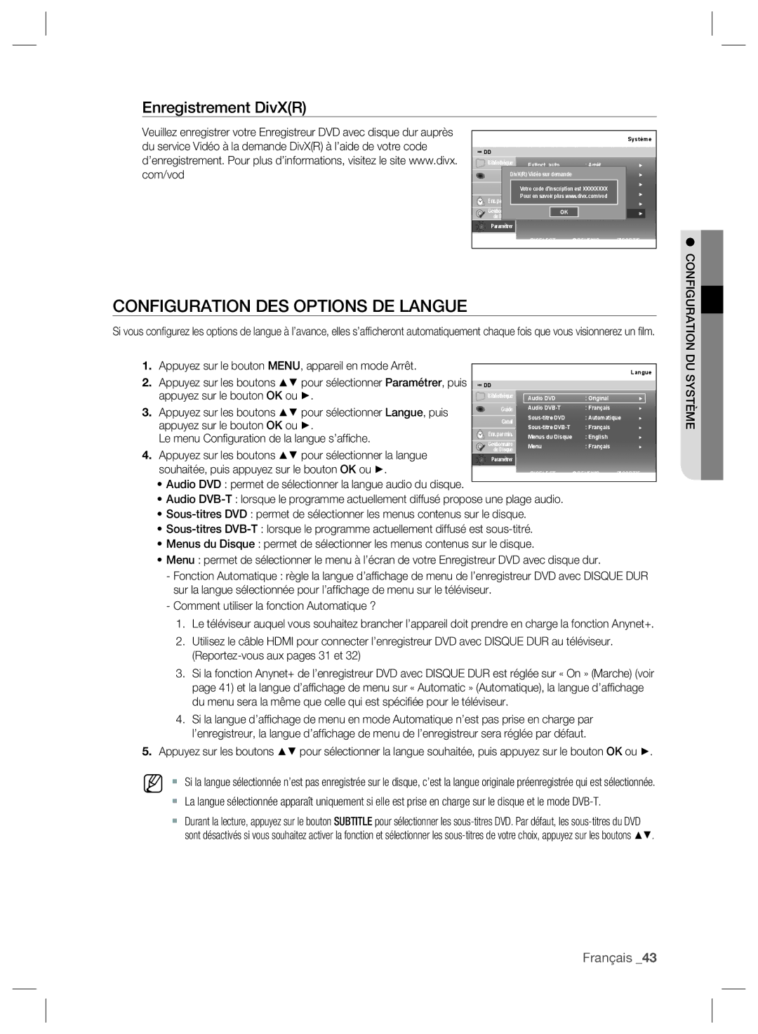 Samsung DVD-SH897/XEF, DVD-SH895/XEF, DVD-SH893/XEF manual Configuration DES Options DE Langue, Enregistrement DivXR 