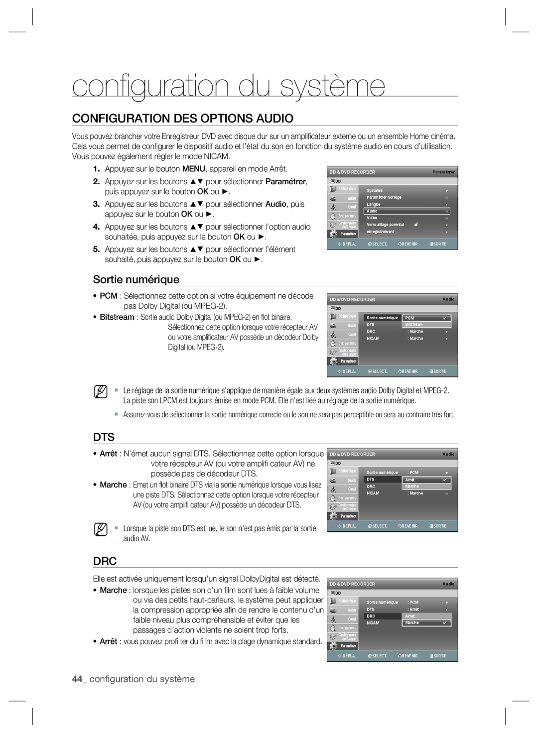 Samsung DVD-SH893/XEF manual Configuration DES Options Audio, Sortie numérique, Souhaitée, puis appuyez sur le bouton OK ou 