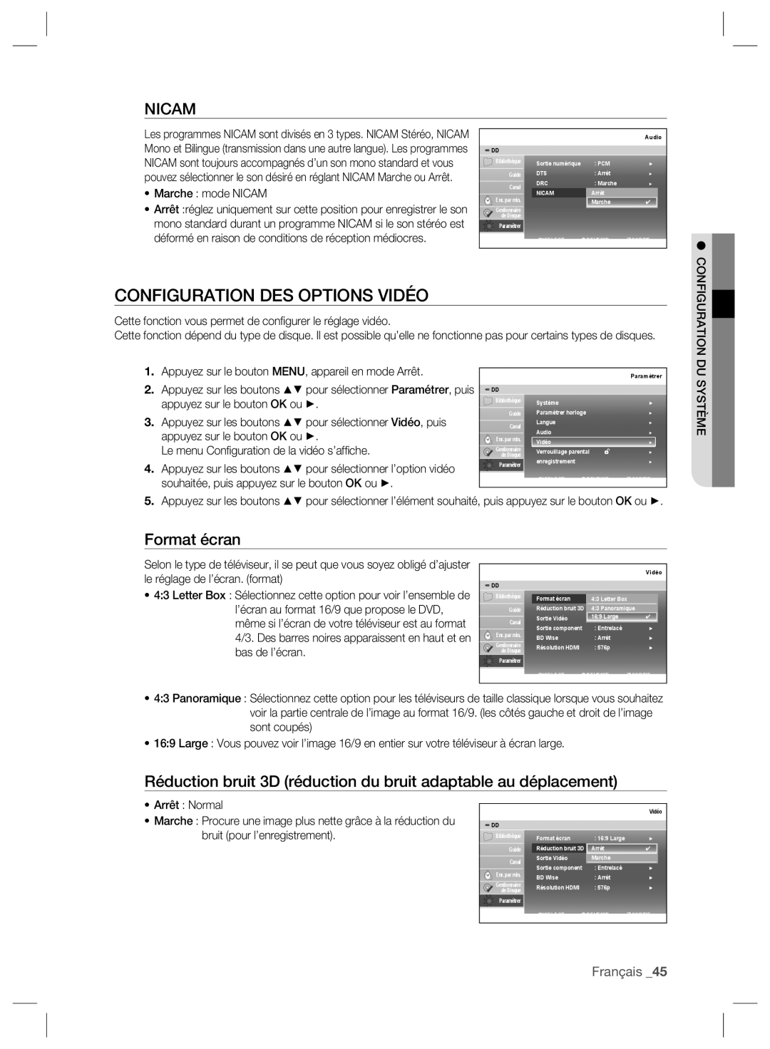 Samsung DVD-SH895/XEF manual Configuration DES Options Vidéo, Format écran, Le réglage de l’écran. format, Bas de l’écran 