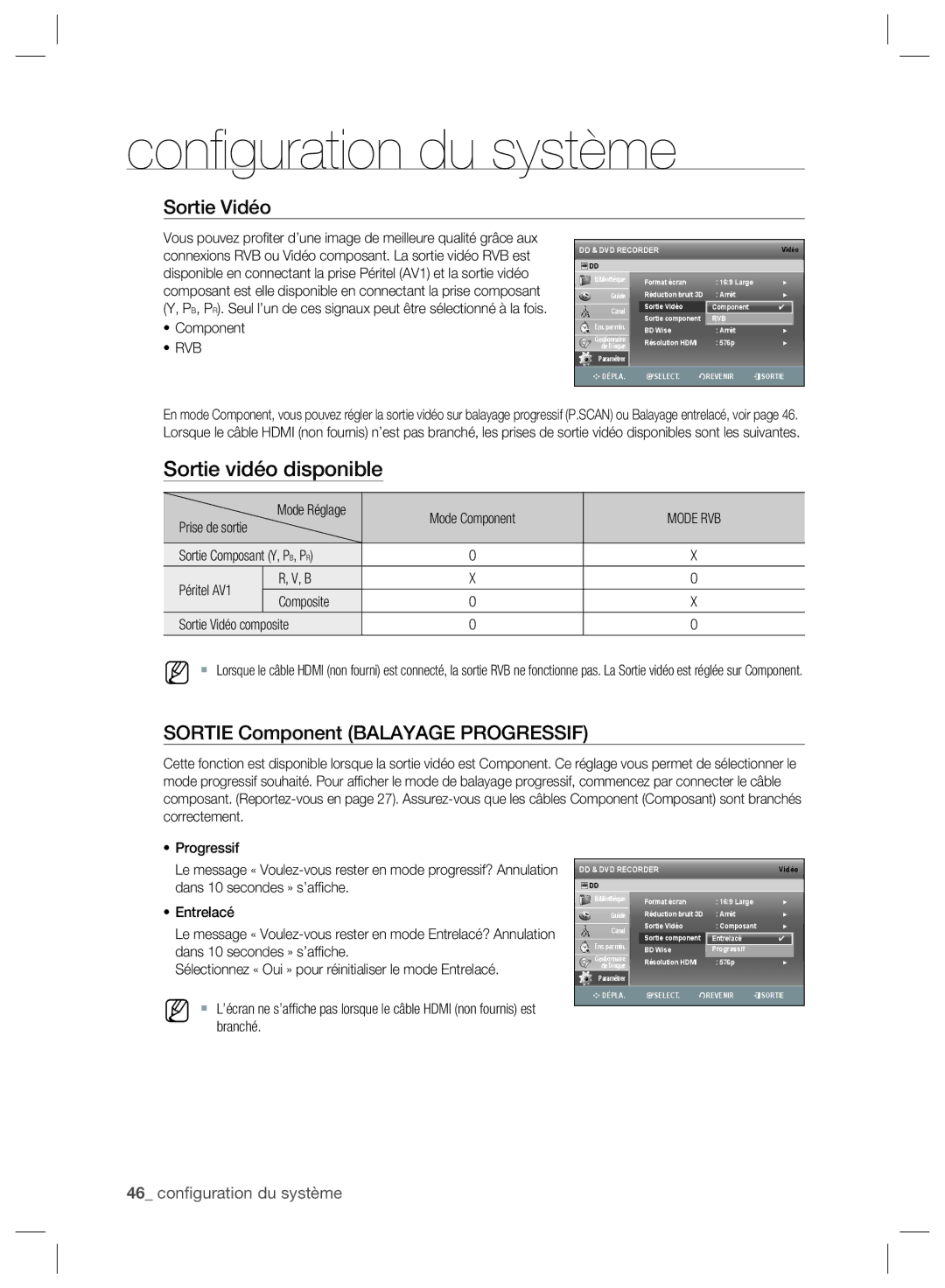 Samsung DVD-SH897/XEF, DVD-SH895/XEF, DVD-SH893/XEF manual Sortie Vidéo, Sortie Component Balayage Progressif, Rvb 