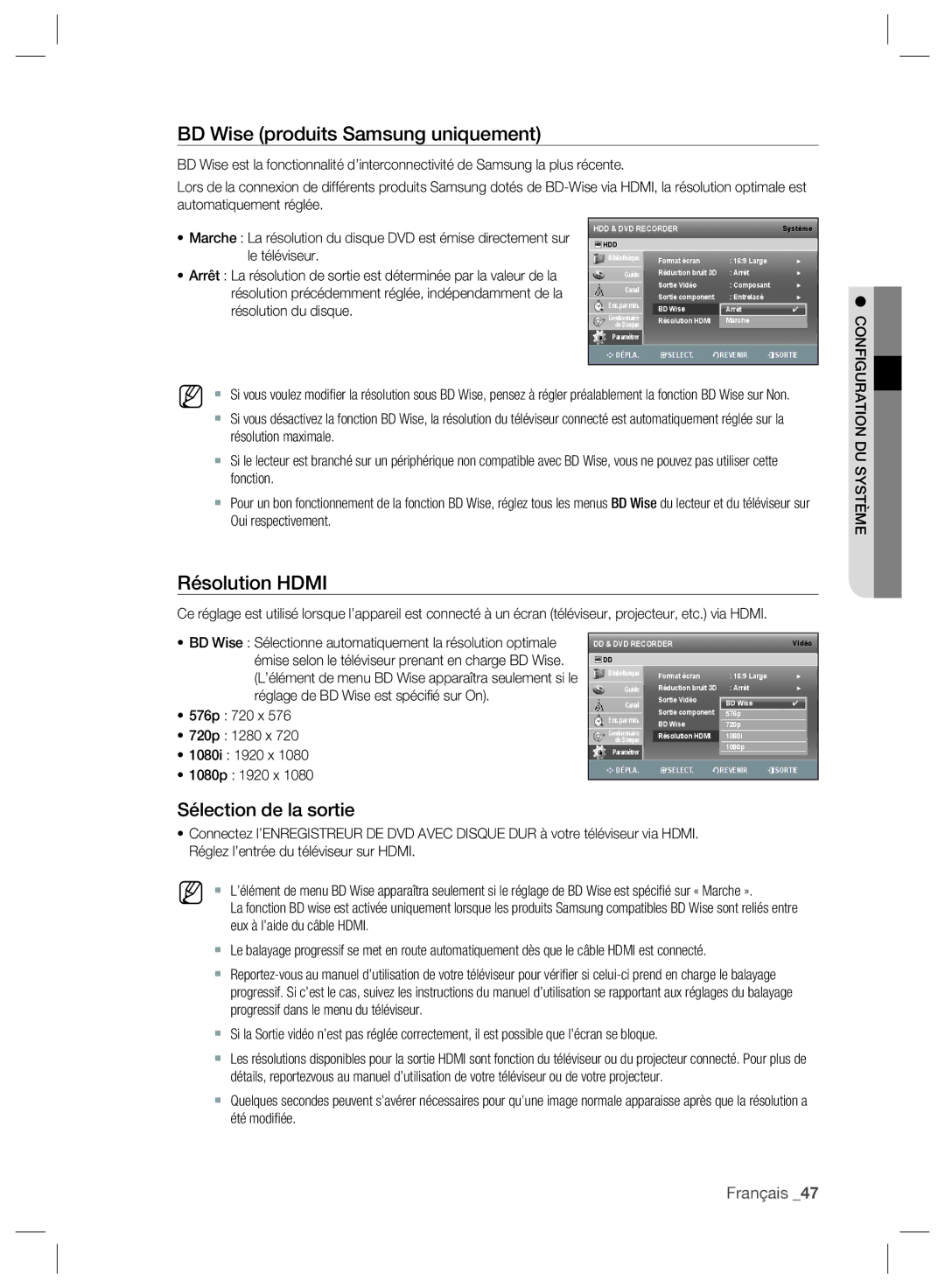 Samsung DVD-SH893/XEF, DVD-SH895/XEF manual BD Wise produits Samsung uniquement, Résolution Hdmi, Sélection de la sortie 