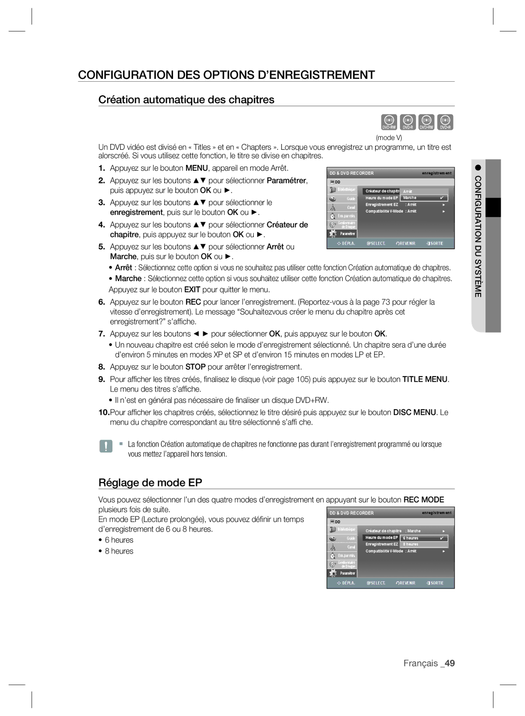 Samsung DVD-SH897/XEF, DVD-SH895/XEF Cvkl, Configuration DES Options D’ENREGISTREMENT, Création automatique des chapitres 