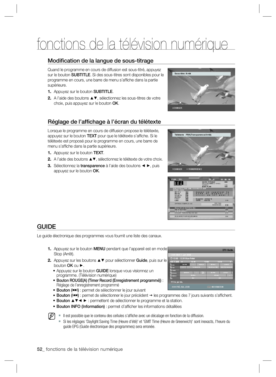 Samsung DVD-SH897/XEF manual Guide, Modiﬁcation de la langue de sous-titrage, Réglage de l’afﬁchage à l’écran du télétexte 