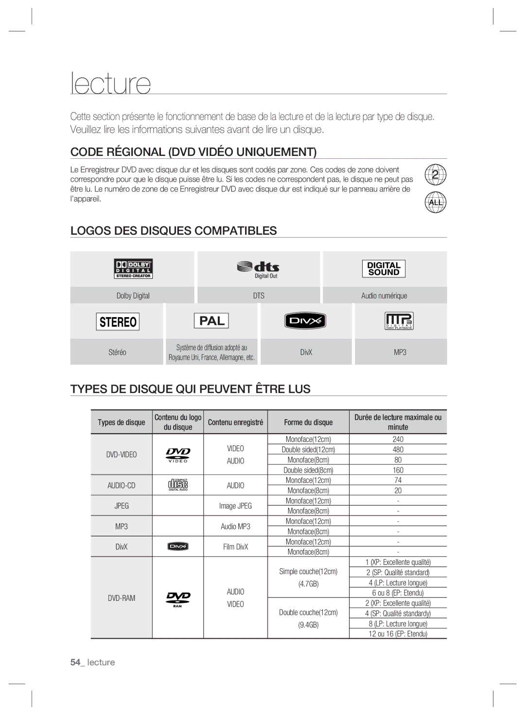 Samsung DVD-SH895/XEF, DVD-SH897/XEF manual Code Régional DVD Vidéo Uniquement, Logos DES Disques Compatibles, Dts, Video 