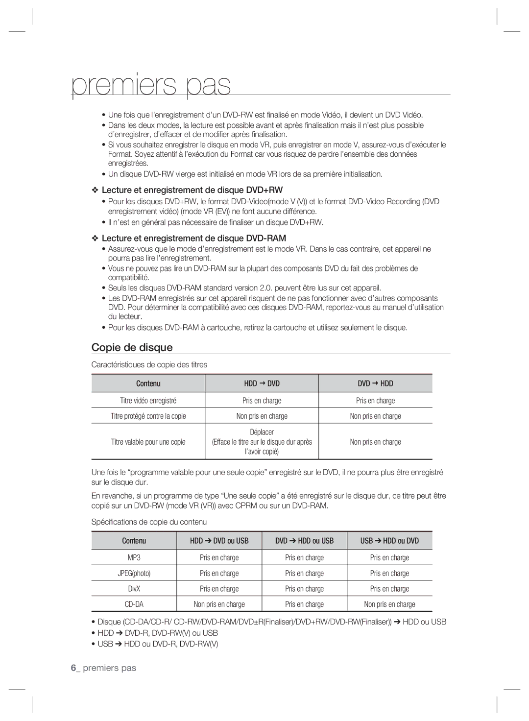 Samsung DVD-SH895/XEF, DVD-SH897/XEF Copie de disque, Caractéristiques de copie des titres Contenu, Hdd € Dvd Dvd € Hdd 