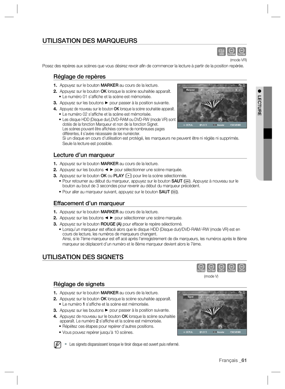 Samsung DVD-SH897/XEF, DVD-SH895/XEF, DVD-SH893/XEF manual Sxc, Zcvkl, Utilisation DES Marqueurs, Utilisation DES Signets 