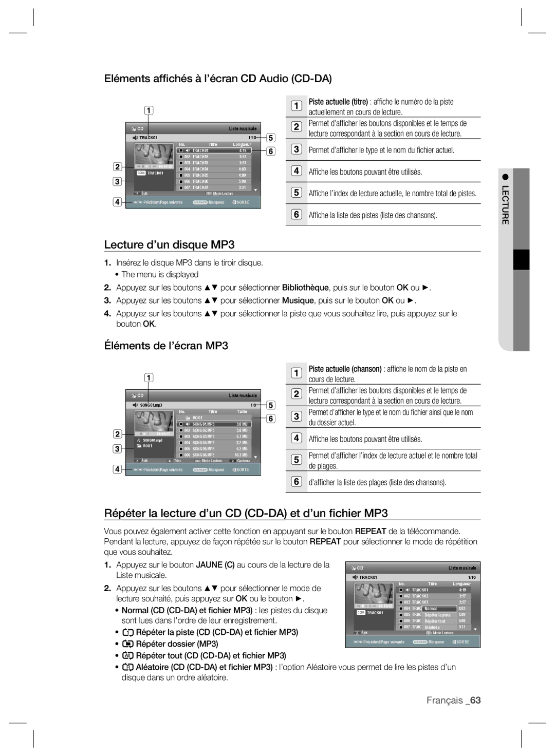 Samsung DVD-SH895/XEF manual Eléments afﬁchés à l’écran CD Audio CD-DA, Lecture d’un disque MP3, Éléments de l’écran MP3 