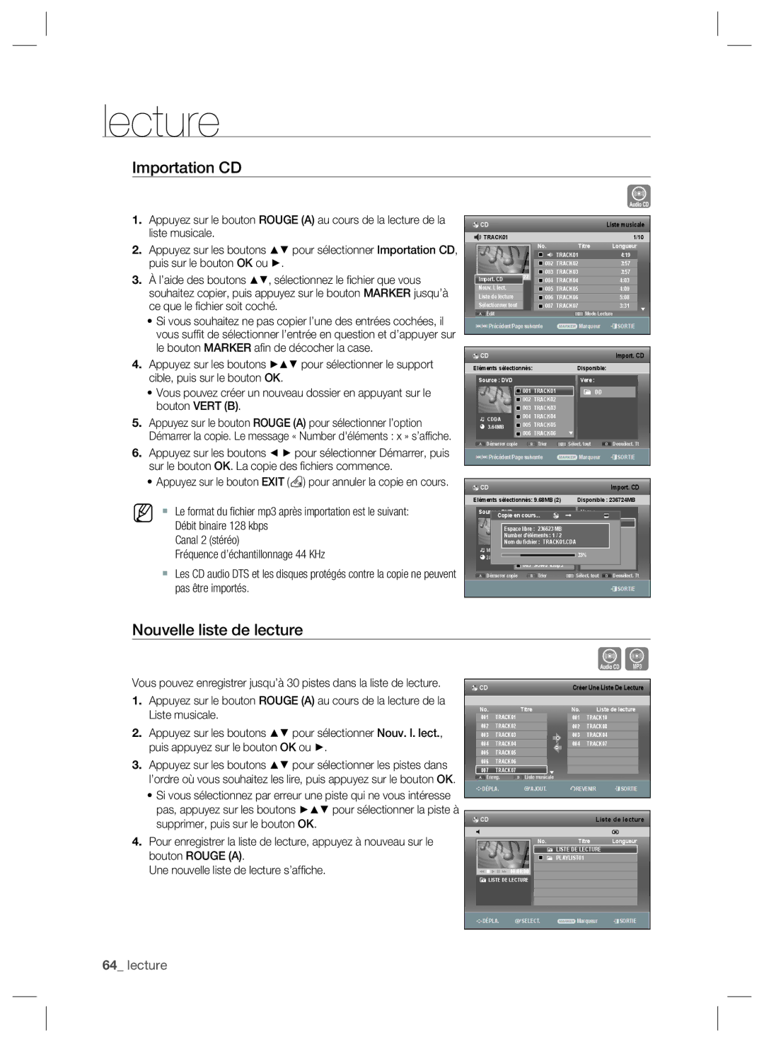 Samsung DVD-SH897/XEF, DVD-SH895/XEF, DVD-SH893/XEF Importation CD, Nouvelle liste de lecture, Pas, appuyez sur les boutons 