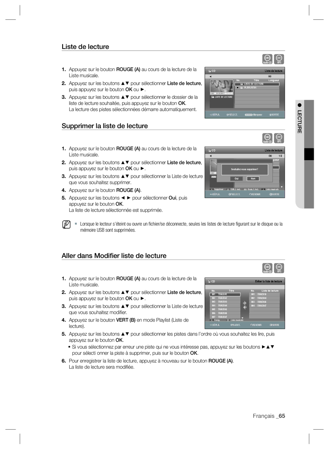 Samsung DVD-SH893/XEF, DVD-SH895/XEF Liste de lecture, Supprimer la liste de lecture, Aller dans Modiﬁer liste de lecture 