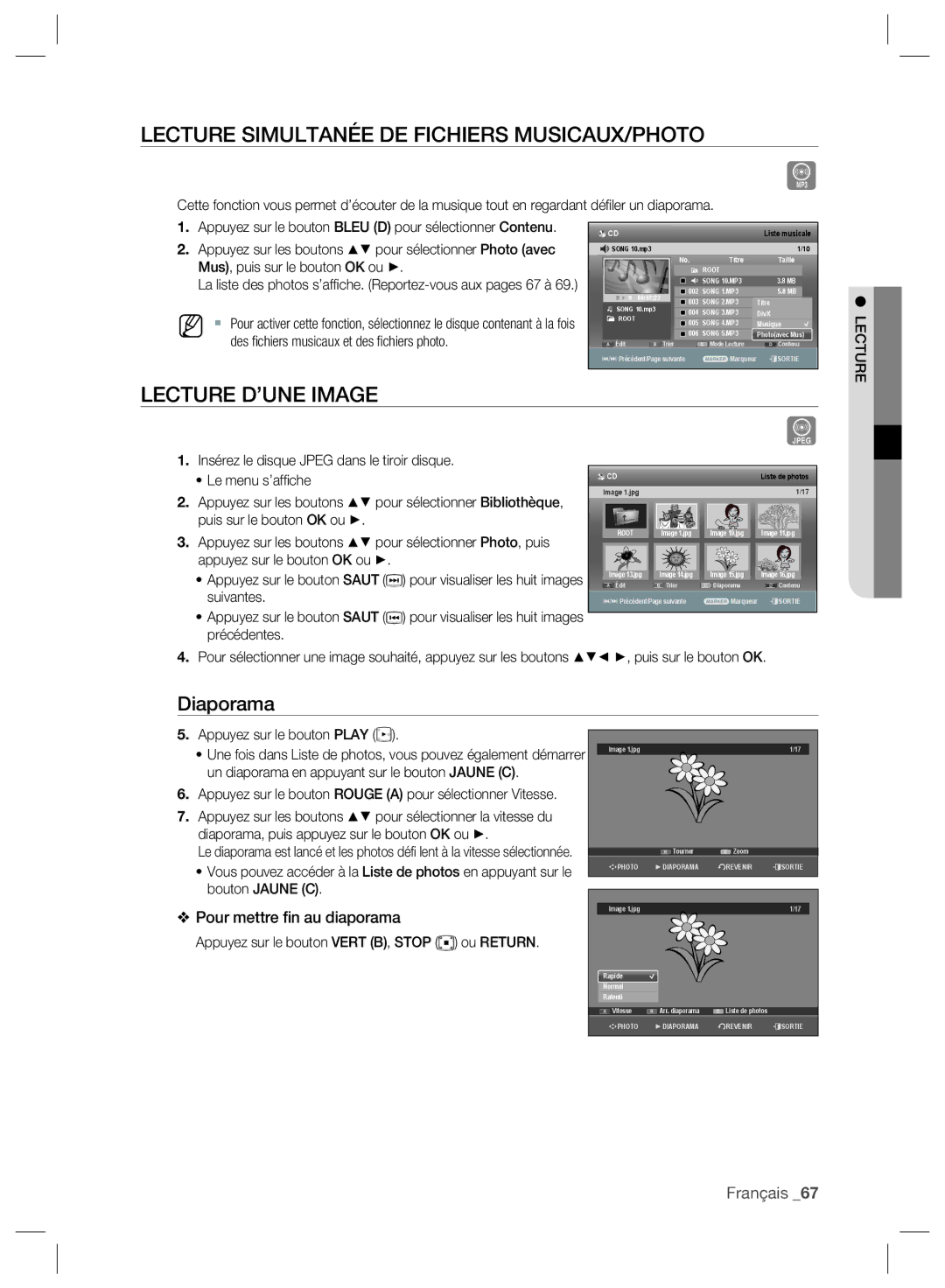 Samsung DVD-SH897/XEF, DVD-SH895/XEF manual Lecture Simultanée DE Fichiers MUSICAUX/PHOTO, Lecture D’UNE Image, Diaporama 