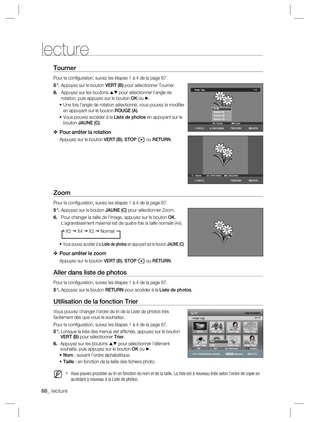 Samsung DVD-SH893/XEF, DVD-SH895/XEF, DVD-SH897/XEF manual Tourner, Zoom, Aller dans liste de photos 