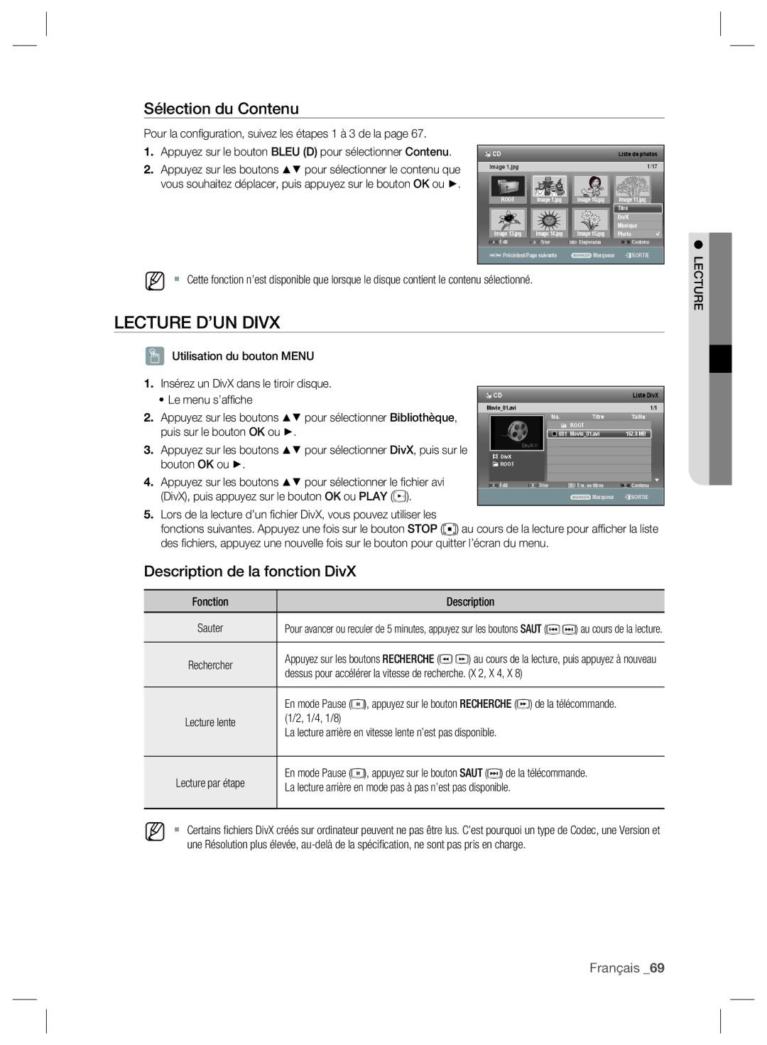 Samsung DVD-SH895/XEF, DVD-SH897/XEF, DVD-SH893/XEF manual Lecture D’UN Divx, Description de la fonction DivX 