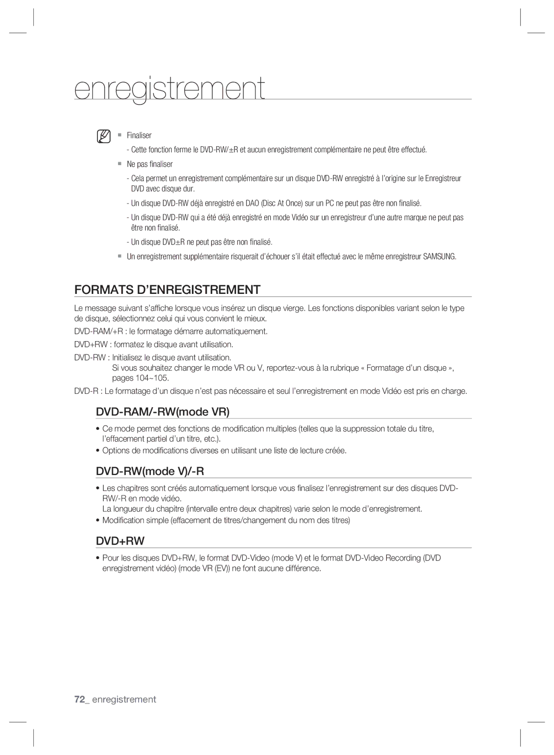 Samsung DVD-SH895/XEF, DVD-SH897/XEF, DVD-SH893/XEF manual Formats D’ENREGISTREMENT, DVD-RAM/-RWmode VR, DVD-RWmode V/-R 