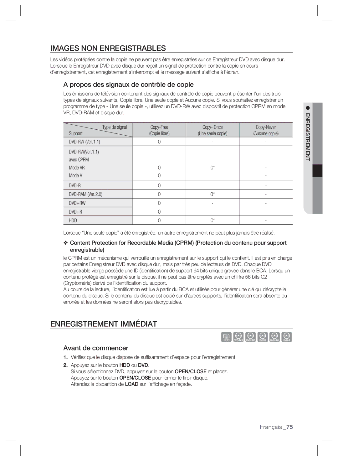 Samsung DVD-SH895/XEF manual Images NON Enregistrables, Enregistrement Immédiat, Propos des signaux de contrôle de copie 