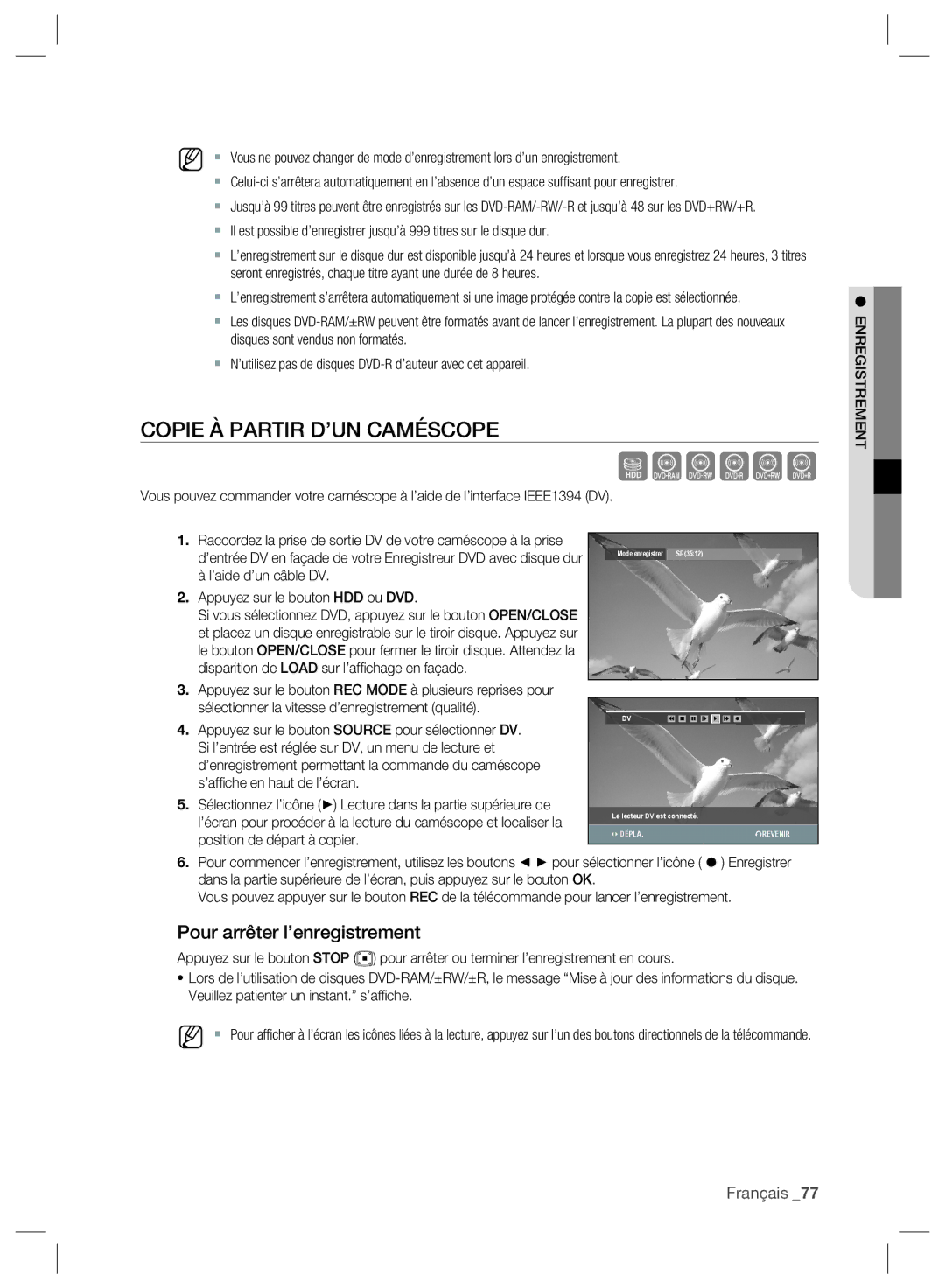 Samsung DVD-SH893/XEF manual Copie À Partir D’UN Caméscope, ’aide d’un câble DV Appuyez sur le bouton HDD ou DVD, Dépla 