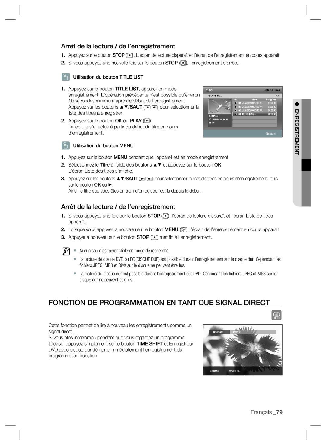 Samsung DVD-SH897/XEF Fonction DE Programmation EN Tant QUE Signal Direct, Arrêt de la lecture / de l’enregistrement, Saut 