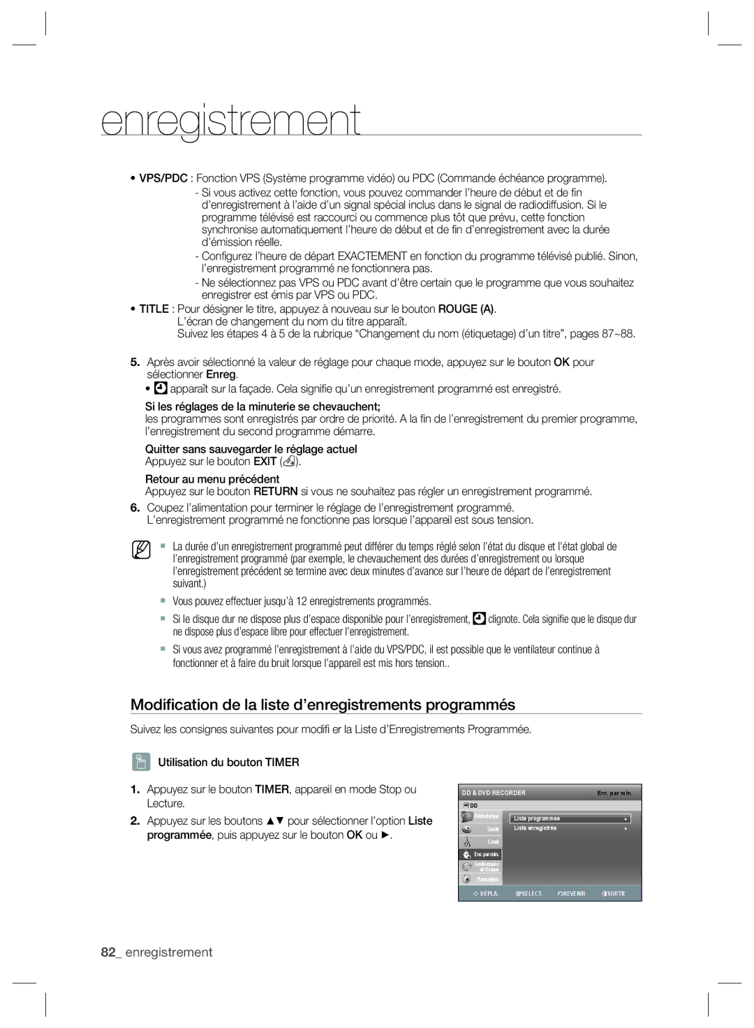 Samsung DVD-SH897/XEF, DVD-SH895/XEF, DVD-SH893/XEF manual Modiﬁcation de la liste d’enregistrements programmés, Lecture 