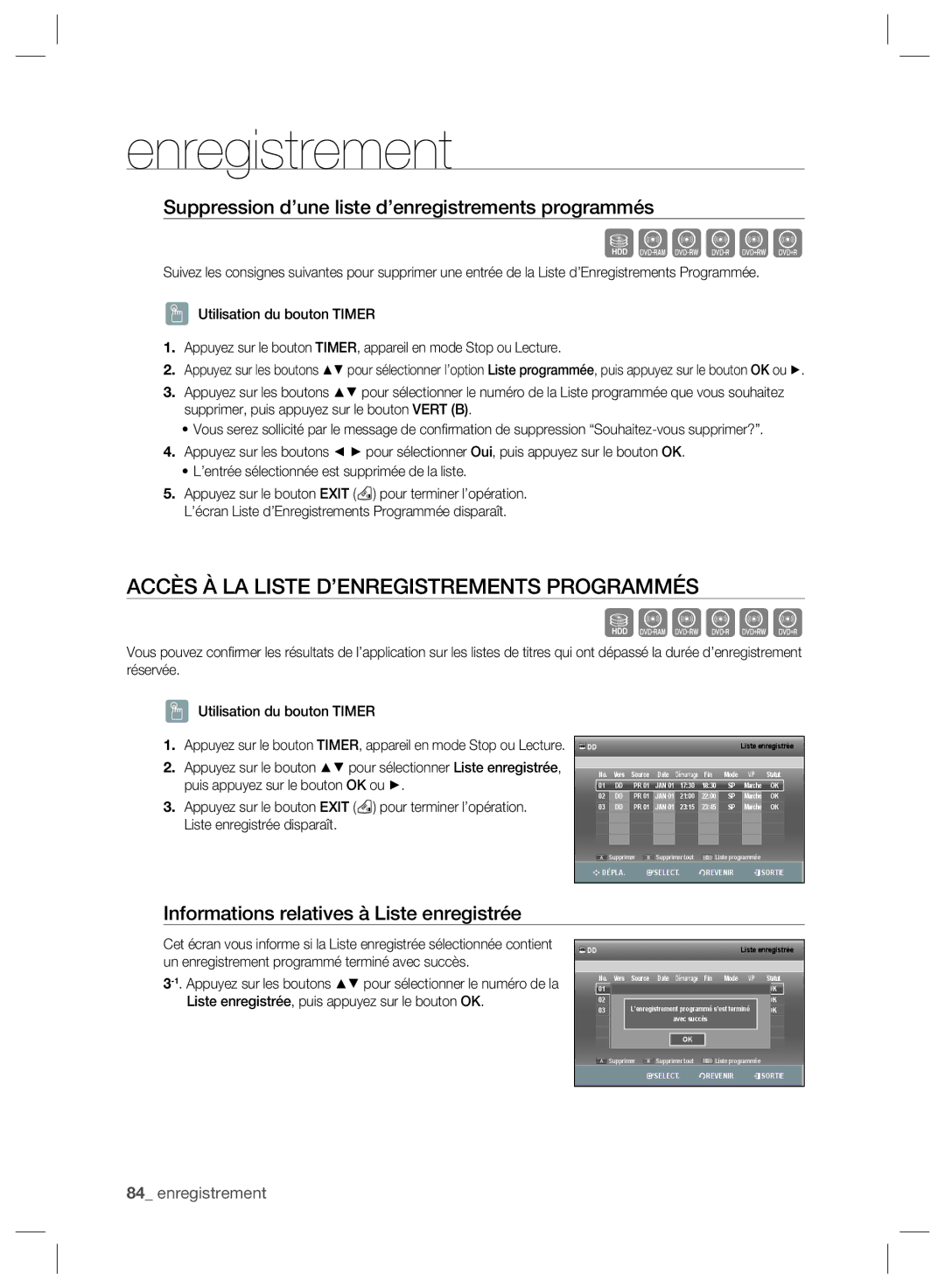 Samsung DVD-SH895/XEF Accès À LA Liste D’ENREGISTREMENTS Programmés, Suppression d’une liste d’enregistrements programmés 