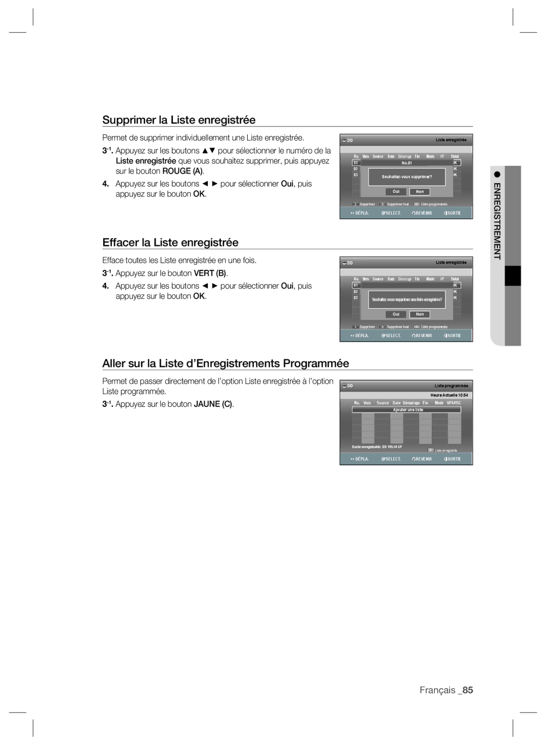 Samsung DVD-SH897/XEF, DVD-SH895/XEF manual Supprimer la Liste enregistrée, Effacer la Liste enregistrée, Liste programmée 