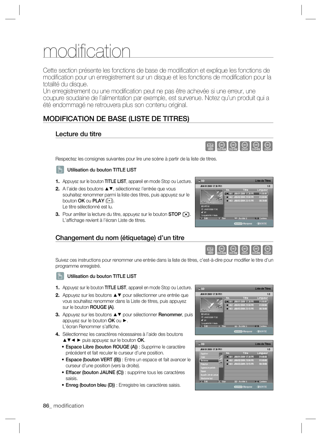 Samsung DVD-SH893/XEF Modification DE Base Liste DE Titres, Lecture du titre, Changement du nom étiquetage d’un titre 