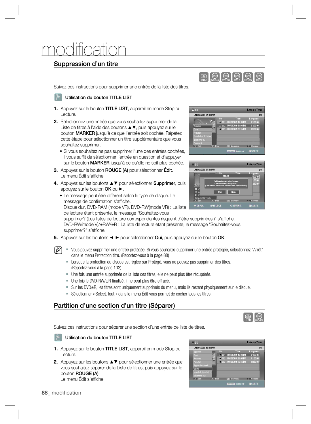 Samsung DVD-SH897/XEF, DVD-SH895/XEF Suppression d’un titre, Partition d’une section d’un titre Séparer, Bouton Rouge a 