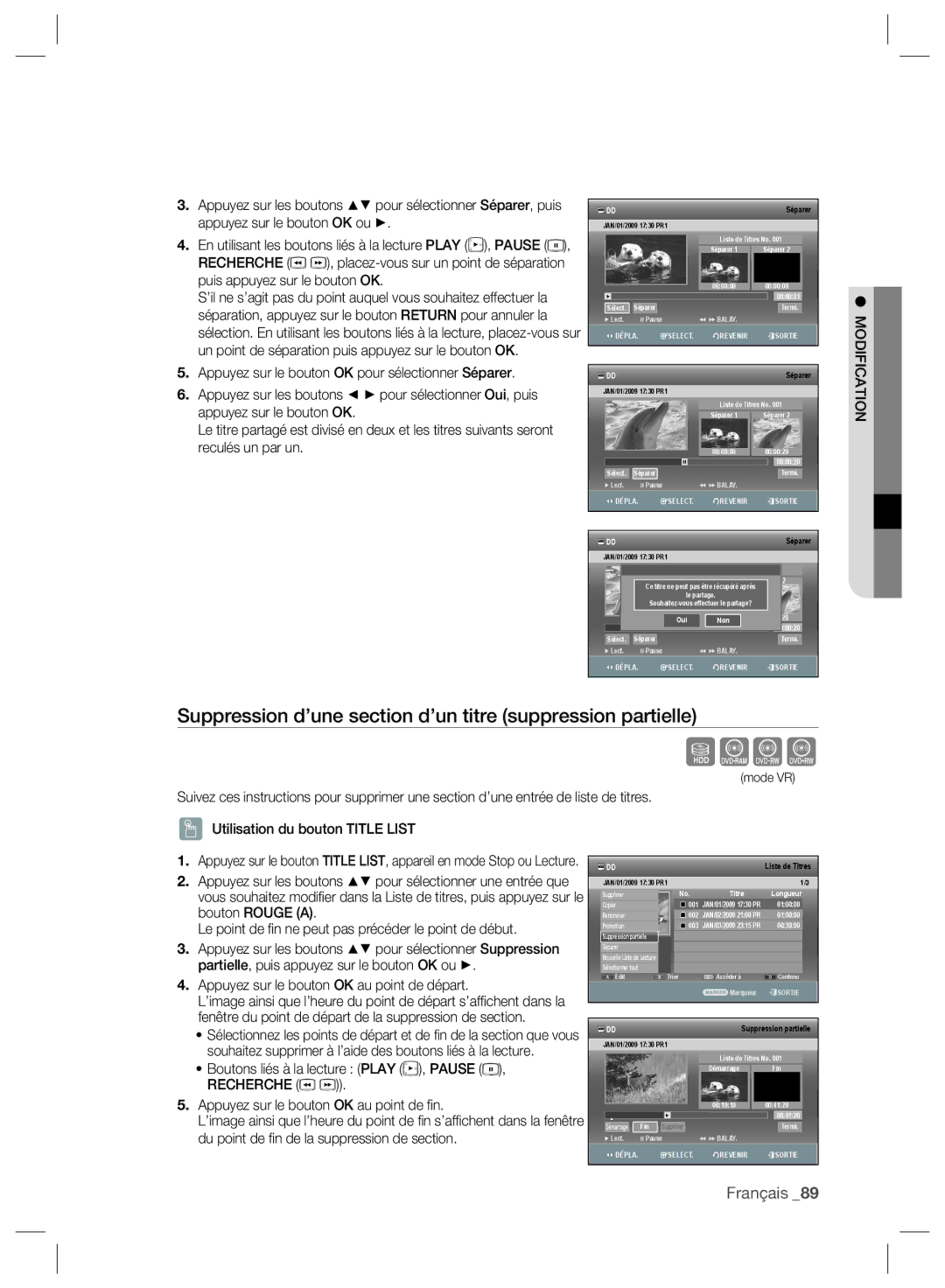 Samsung DVD-SH893/XEF, DVD-SH895/XEF, DVD-SH897/XEF manual Sxck, Suppression d’une section d’un titre suppression partielle 