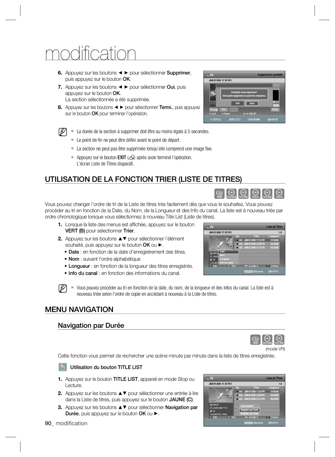 Samsung DVD-SH895/XEF manual Utilisation DE LA Fonction Trier Liste DE Titres, Menu Navigation, Navigation par Durée 