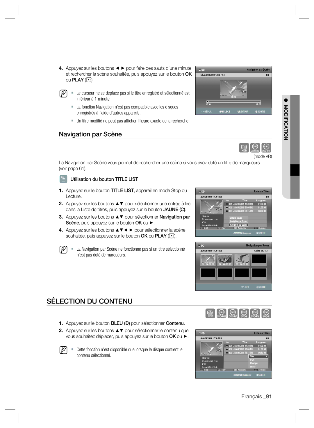 Samsung DVD-SH897/XEF, DVD-SH895/XEF Sélection DU Contenu, Navigation par Scène, Scène, puis appuyez sur le bouton OK ou 