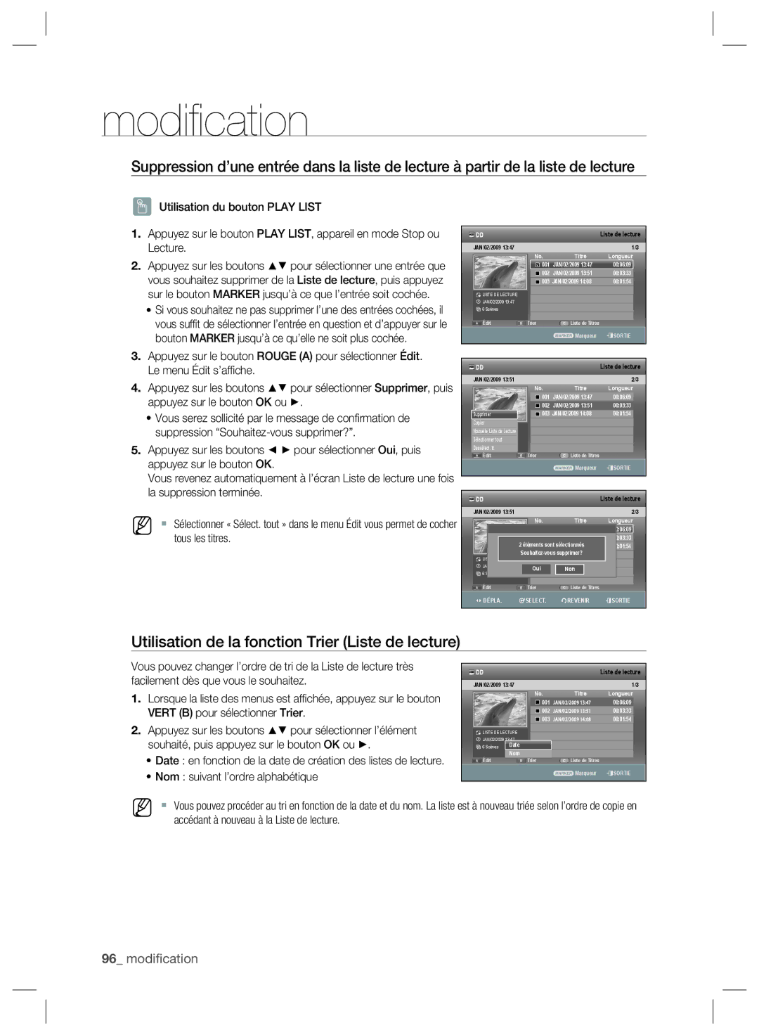 Samsung DVD-SH895/XEF, DVD-SH897/XEF Utilisation de la fonction Trier Liste de lecture, Nom suivant l’ordre alphabétique 