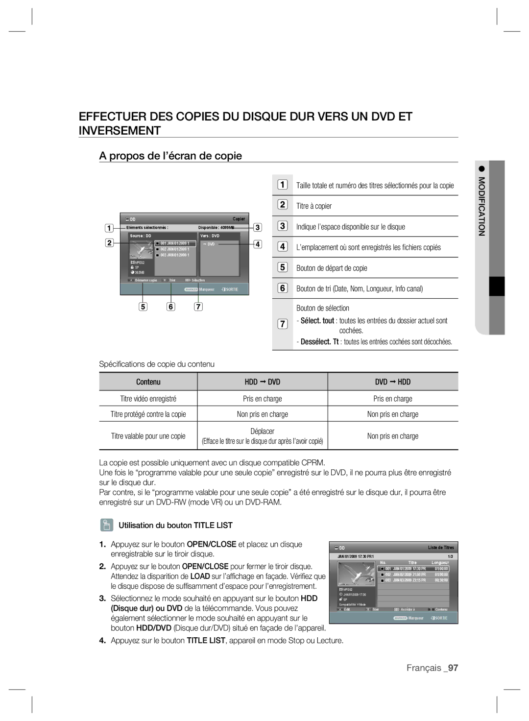 Samsung DVD-SH897/XEF, DVD-SH895/XEF Propos de l’écran de copie, Titre à copier Indique l’espace disponible sur le disque 