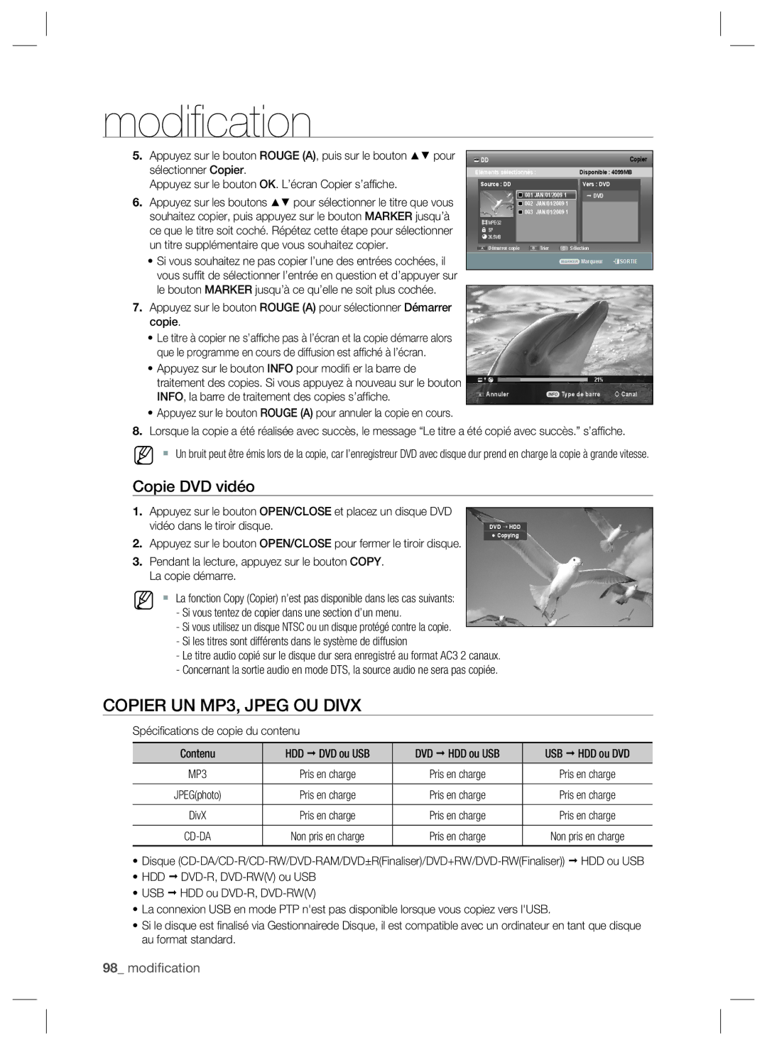 Samsung DVD-SH893/XEF, DVD-SH895/XEF, DVD-SH897/XEF manual Copier UN MP3, Jpeg OU Divx, Copie DVD vidéo, Sélectionner Copier 