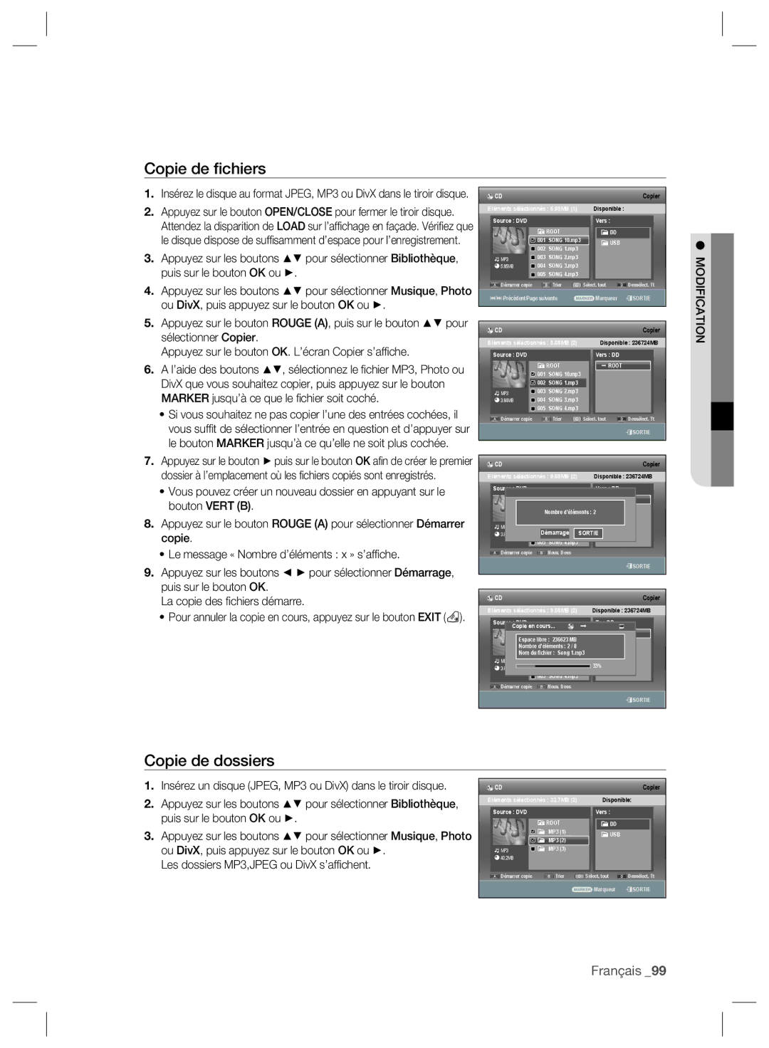 Samsung DVD-SH895/XEF, DVD-SH897/XEF, DVD-SH893/XEF manual Copie de ﬁchiers, Copie de dossiers 