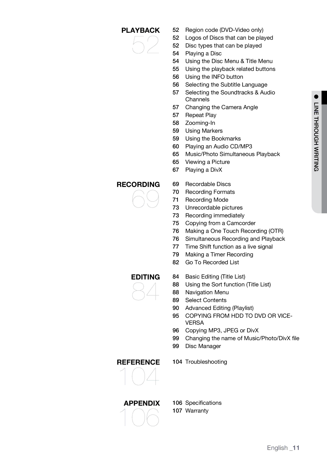 Samsung DVD-SH893M, DVD-SH897M, DVD-SH895M user manual Copying from HDD to DVD or VICE- Versa, 106, Warranty, Specifications 