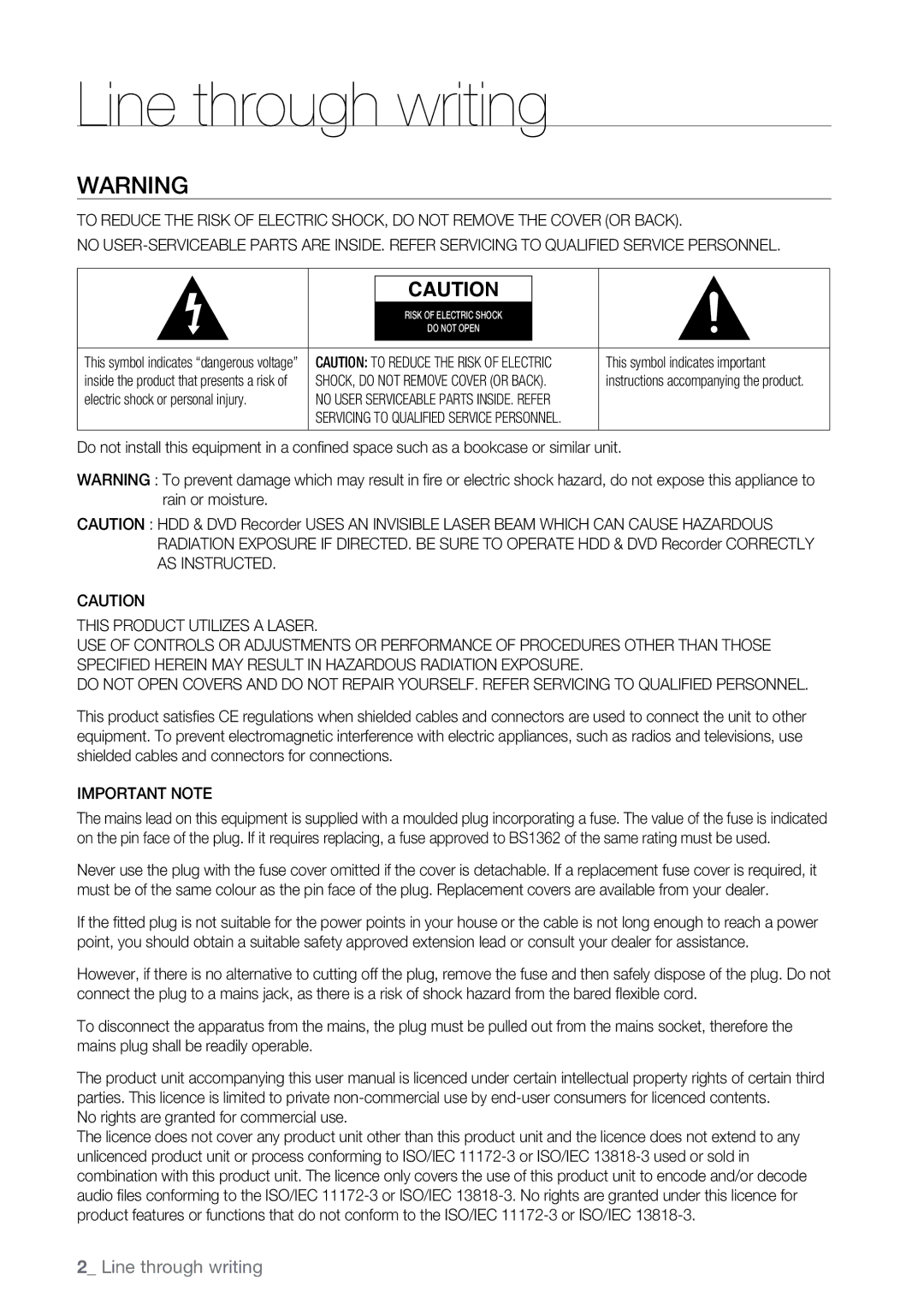 Samsung DVD-SH893M, DVD-SH897M Important Note, This symbol indicates important, Electric shock or personal injury 