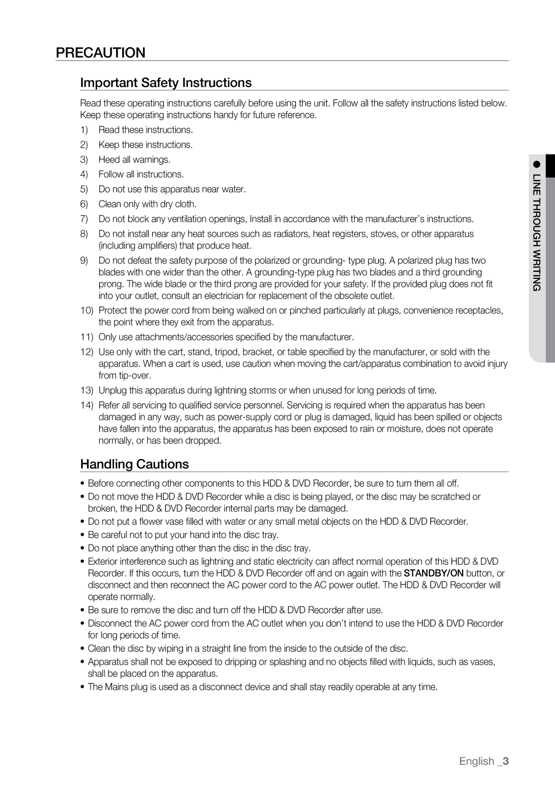 Samsung DVD-SH897M, DVD-SH895M, DVD-SH893M user manual Precaution, Important Safety Instructions, Handling Cautions 