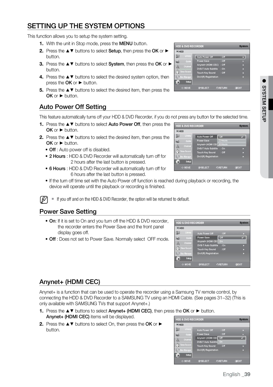 Samsung DVD-SH897M, DVD-SH895M Setting up the System Options, Auto Power Off Setting, Power Save Setting, Anynet+ Hdmi CEC 