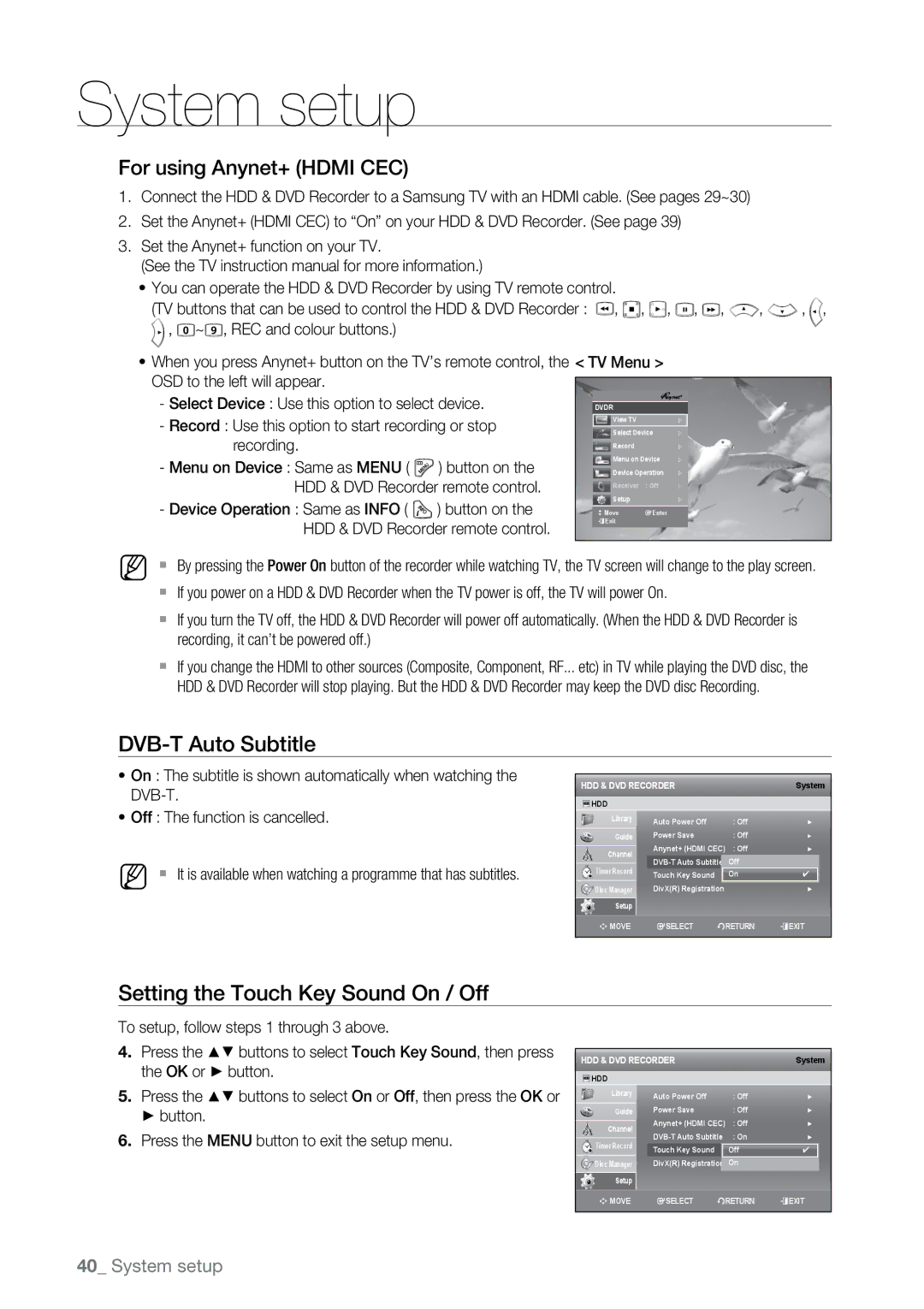 Samsung DVD-SH895M, DVD-SH897M DVB-T Auto Subtitle, Setting the Touch Key Sound On / Off, For using Anynet+ Hdmi CEC 