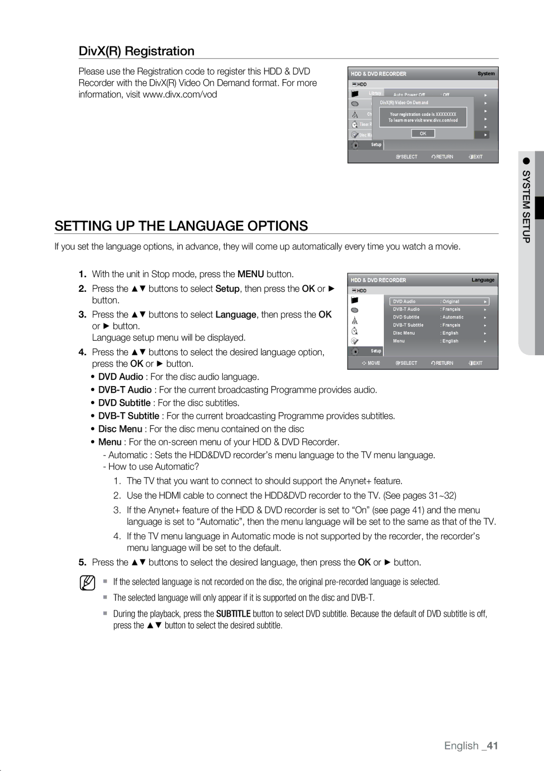 Samsung DVD-SH893M, DVD-SH897M, DVD-SH895M user manual Setting up the Language Options, DivXR Registration, System 