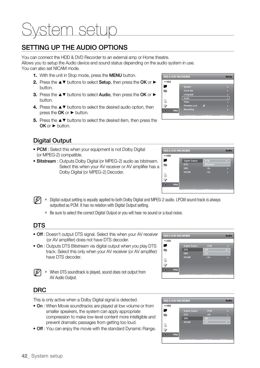 Samsung DVD-SH897M, DVD-SH895M, DVD-SH893M user manual Setting up the Audio Options, Digital Output, AV Audio Output 