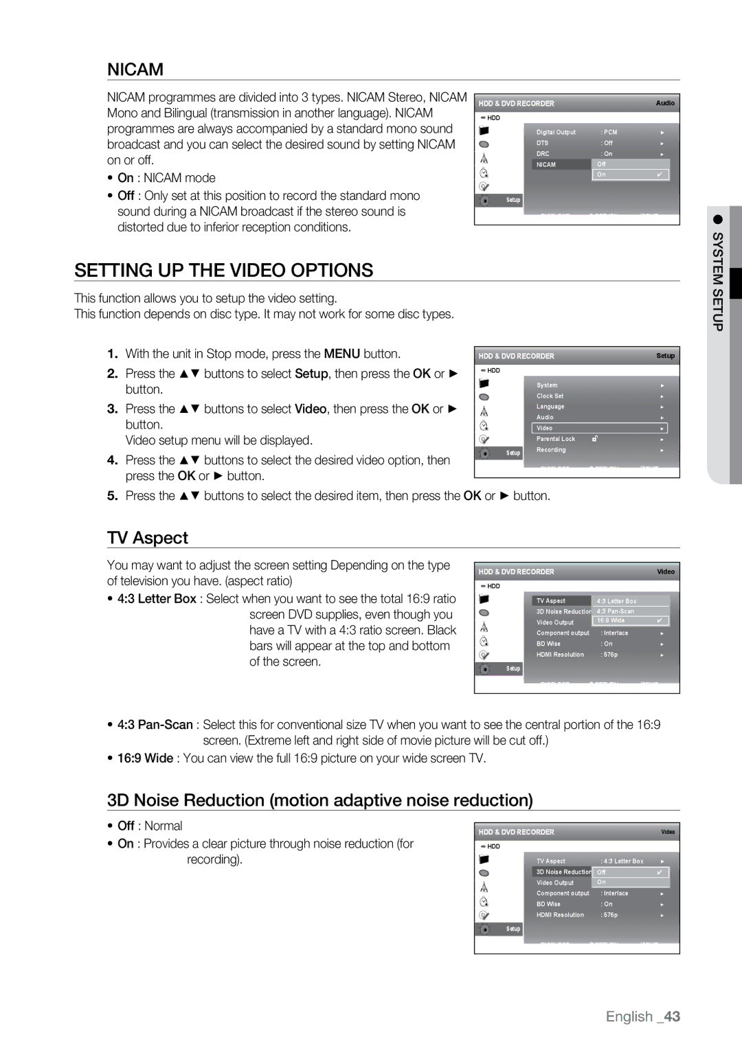 Samsung DVD-SH895M, DVD-SH897M Setting up the Video Options, TV Aspect, 3D Noise Reduction motion adaptive noise reduction 