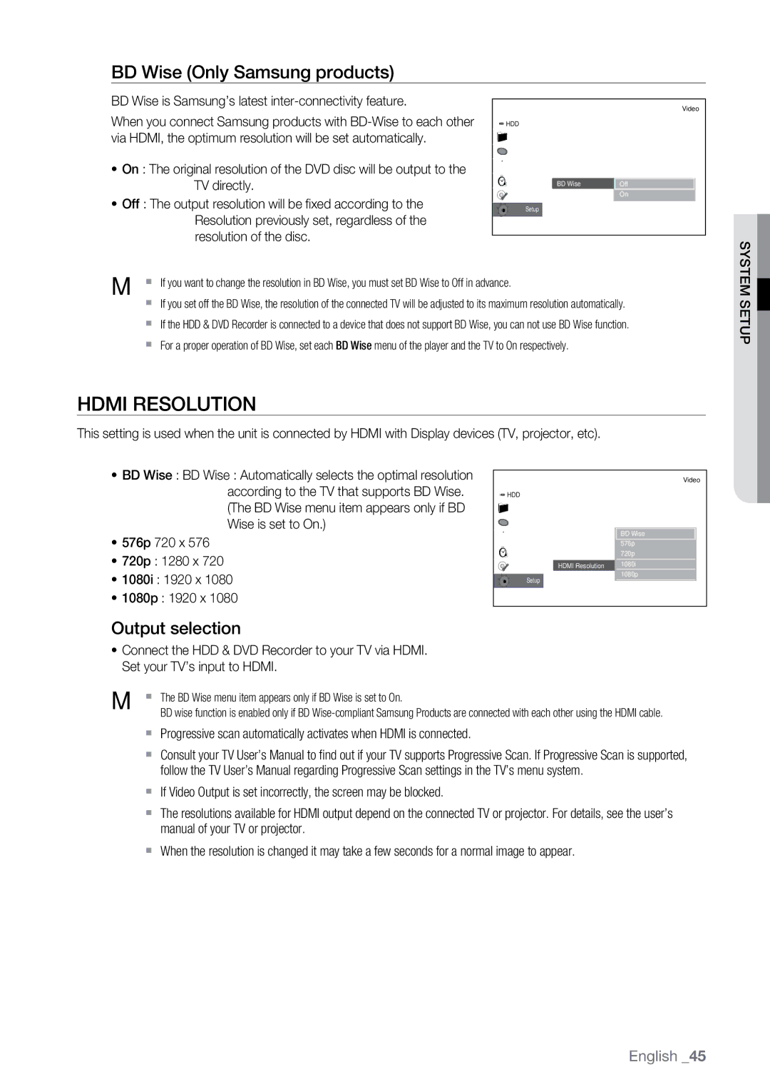 Samsung DVD-SH897M, DVD-SH895M, DVD-SH893M user manual Hdmi Resolution, BD Wise Only Samsung products, Output selection 