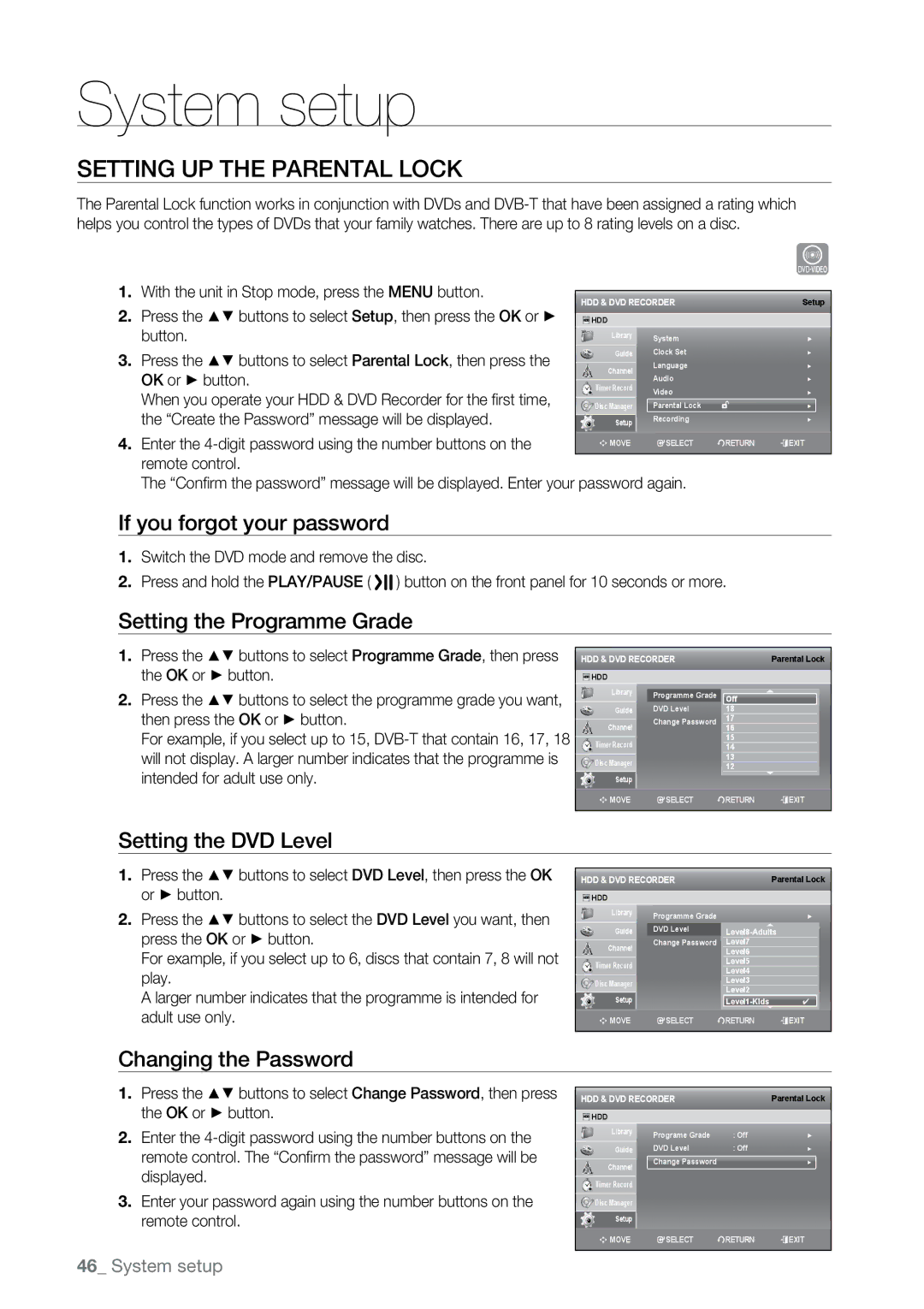 Samsung DVD-SH895M, DVD-SH897M Setting up the Parental Lock, If you forgot your password, Setting the Programme Grade 