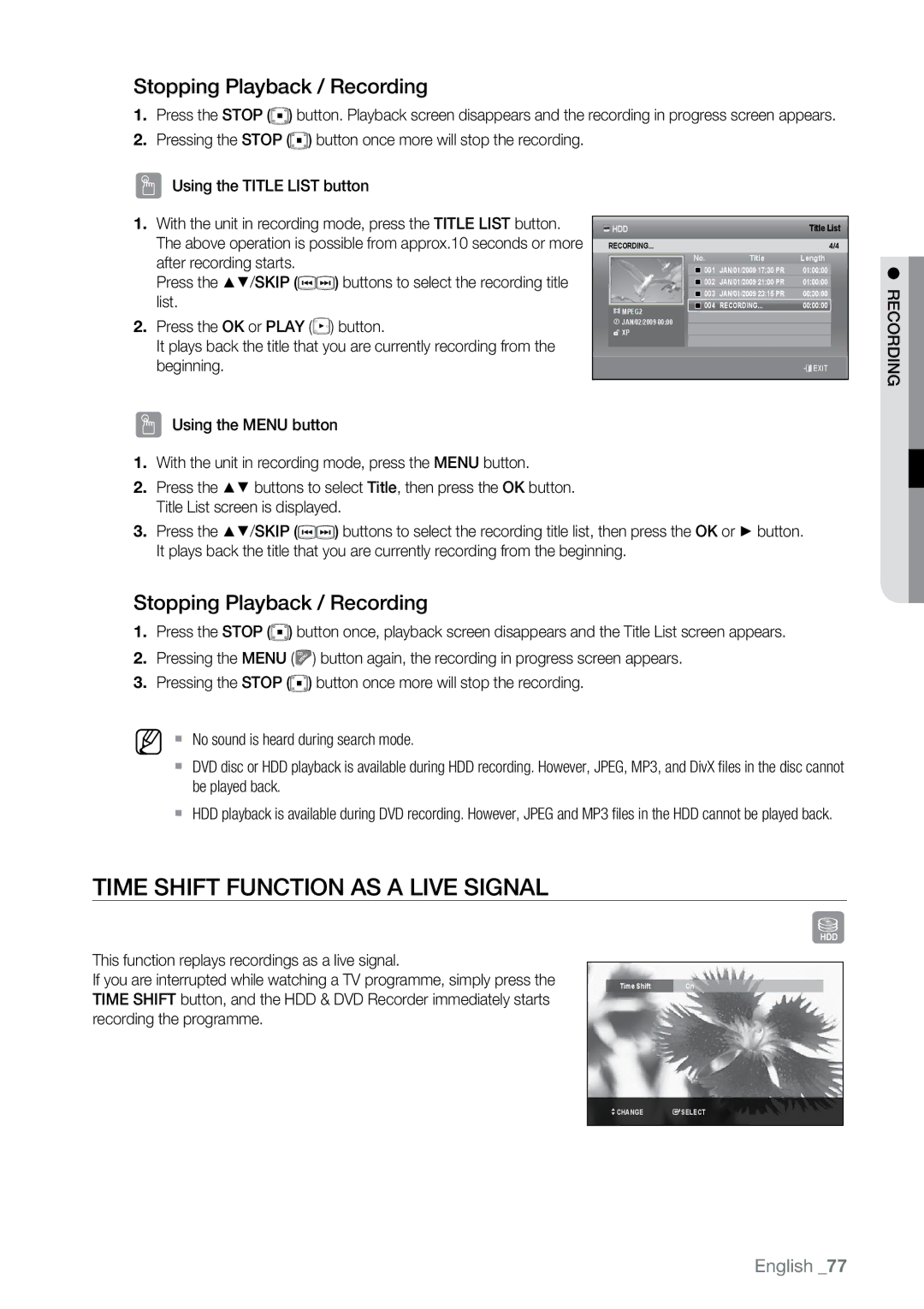 Samsung DVD-SH893M Time Shift function as a live signal, Stopping Playback / Recording, Using the Title List button 