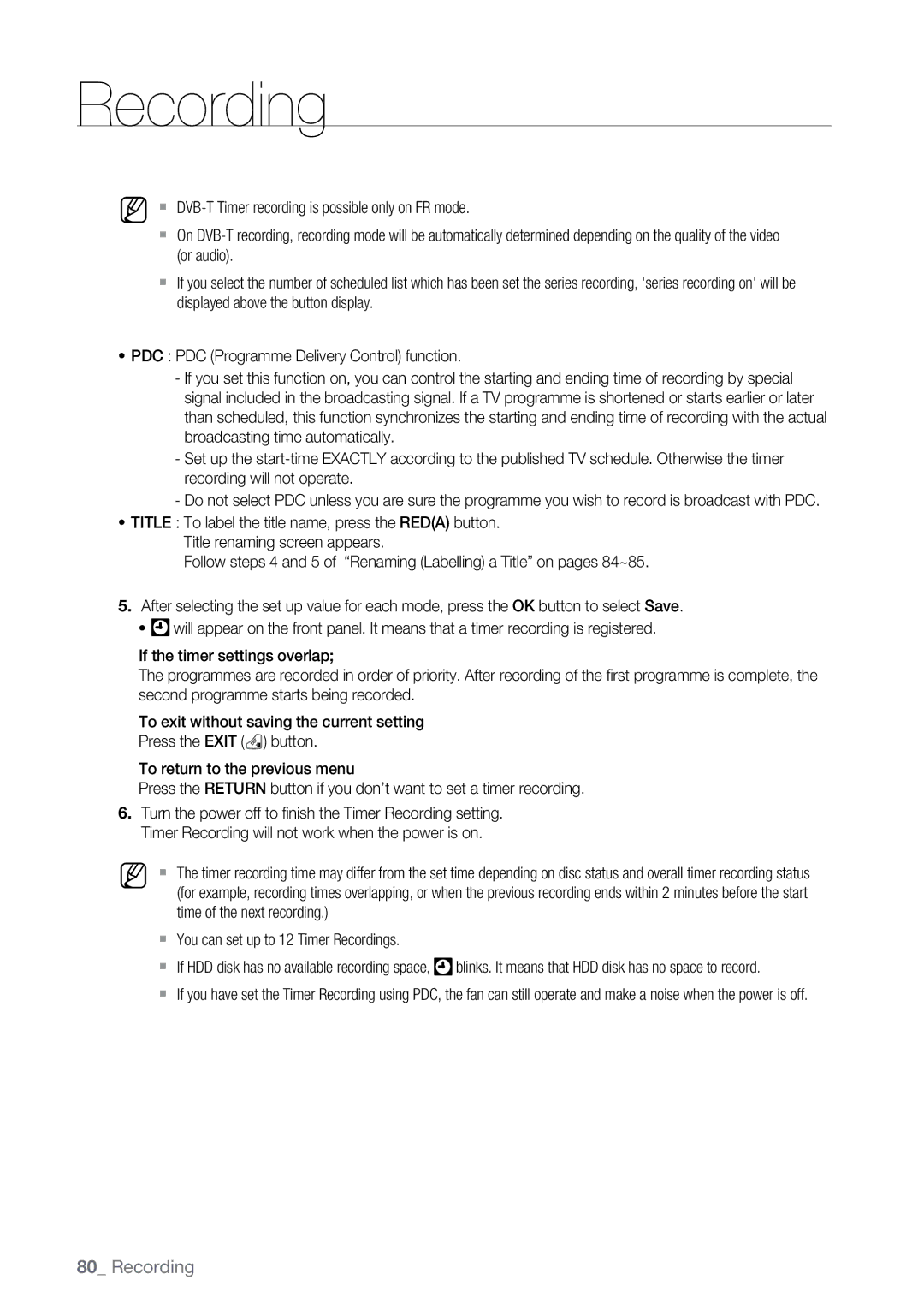 Samsung DVD-SH893M, DVD-SH897M, DVD-SH895M user manual Time of the next recording, ` You can set up to 12 Timer Recordings 