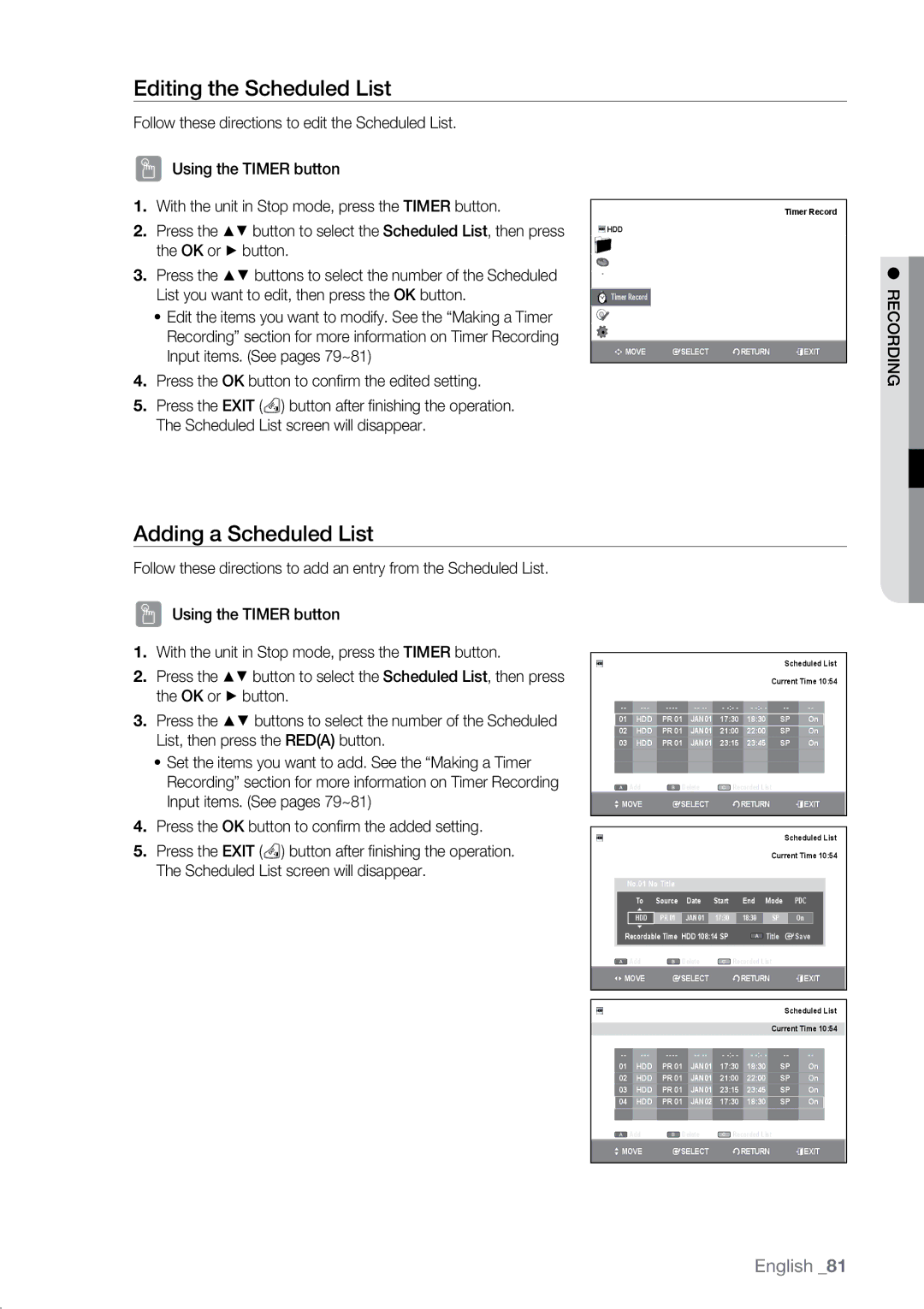 Samsung DVD-SH897M, DVD-SH895M, DVD-SH893M user manual Editing the Scheduled List, Adding a Scheduled List, Reco 