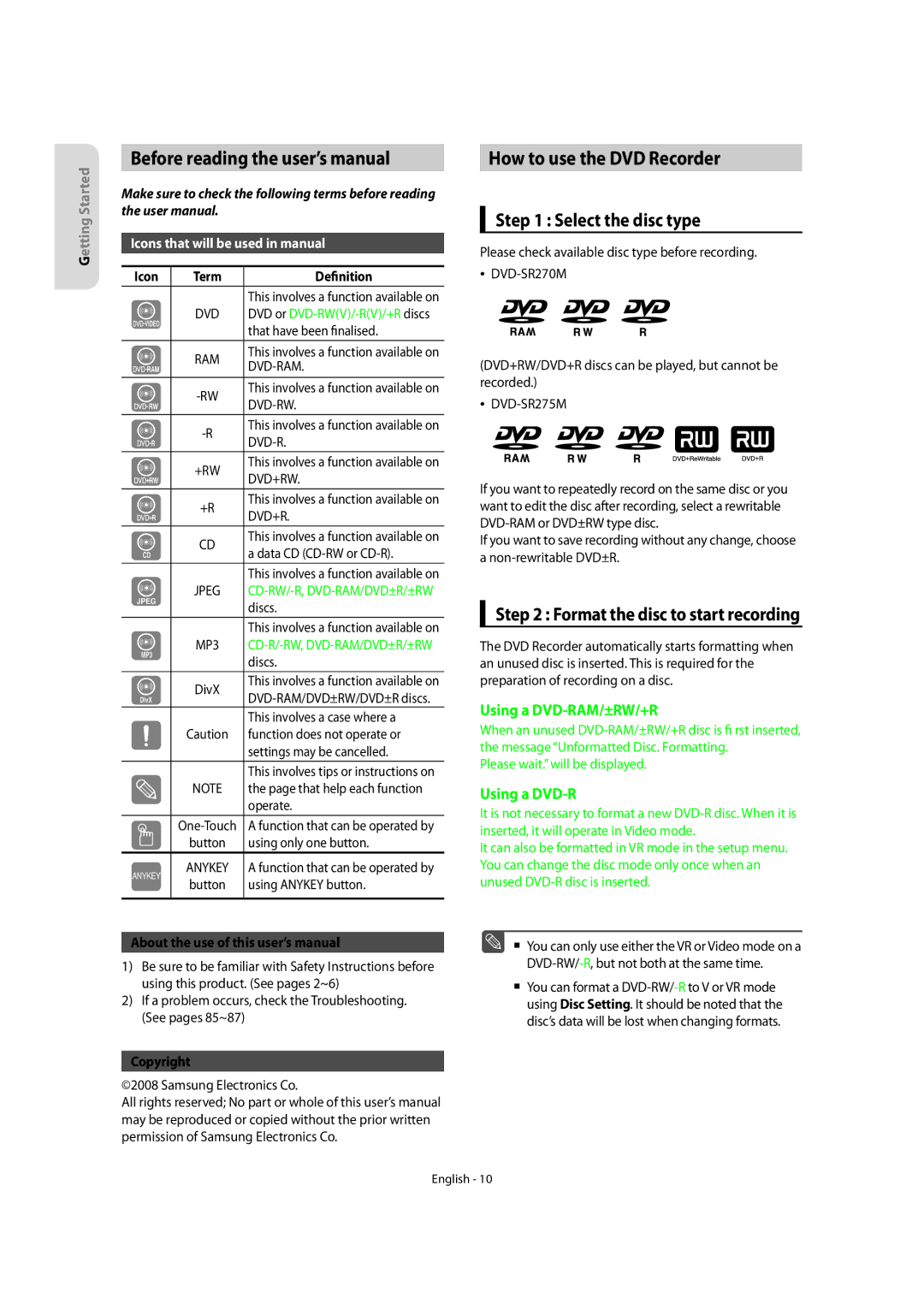 Samsung DVD-SR270M/XEU Before reading the user’s manual, How to use the DVD Recorder, Select the disc type 