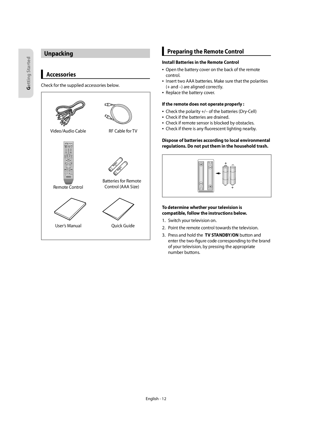 Samsung DVD-SR270M/XEU manual Unpacking, Preparing the Remote Control, Install Batteries in the Remote Control 