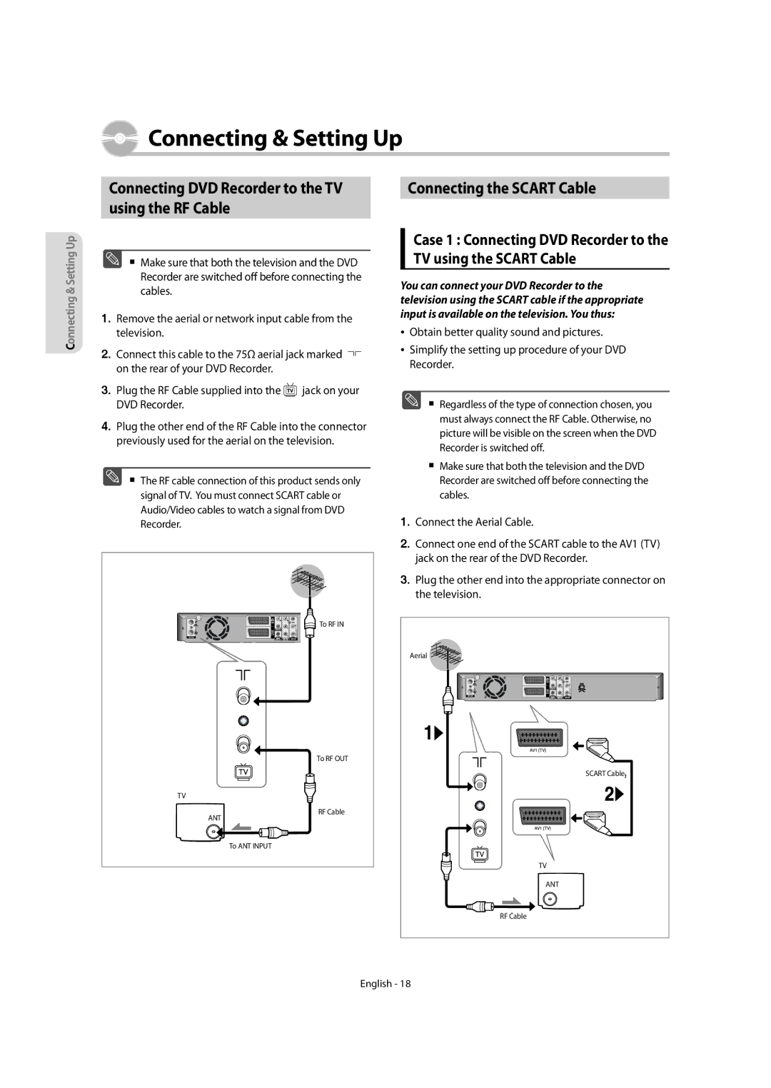 Samsung DVD-SR270M/XEU manual Connecting the Scart Cable, Using the RF Cable, Connecting DVD Recorder to the TV 