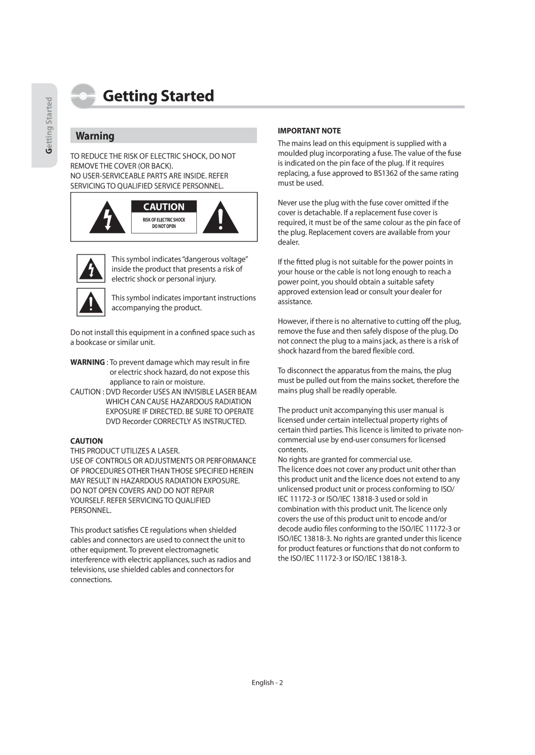 Samsung DVD-SR270M/XEU manual Getting Started, No rights are granted for commercial use 