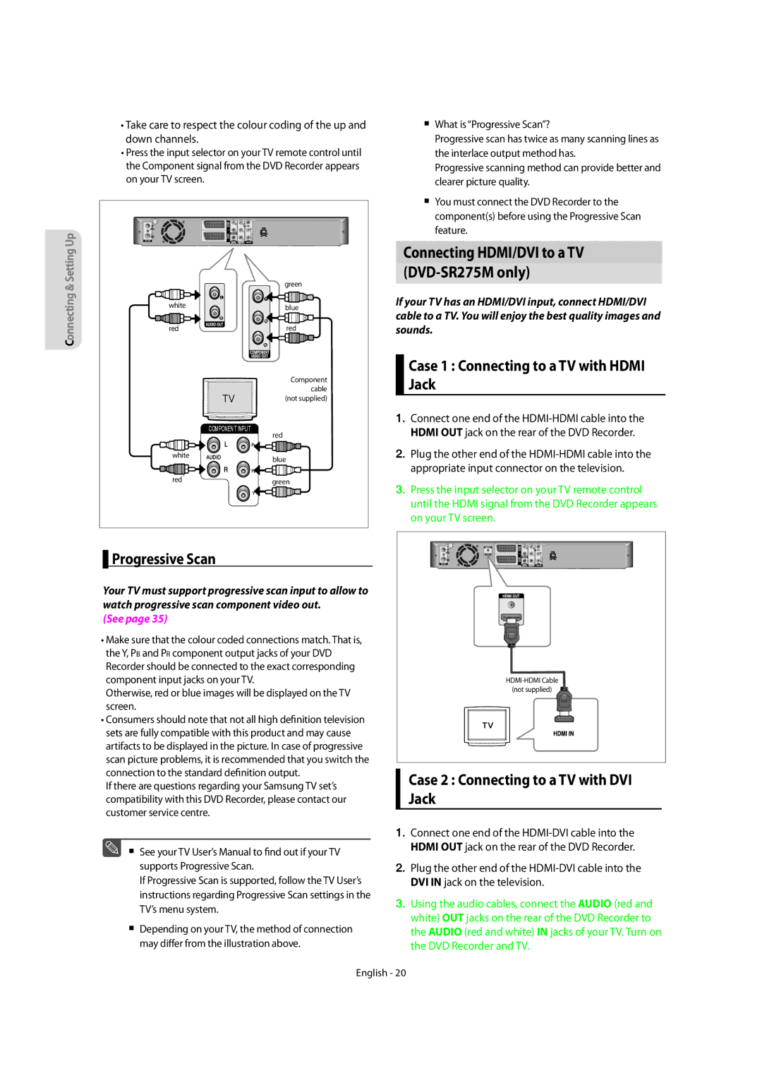 Samsung DVD-SR270M/XEU manual Progressive Scan, Connecting HDMI/DVI to a TV DVD-SR275M only 